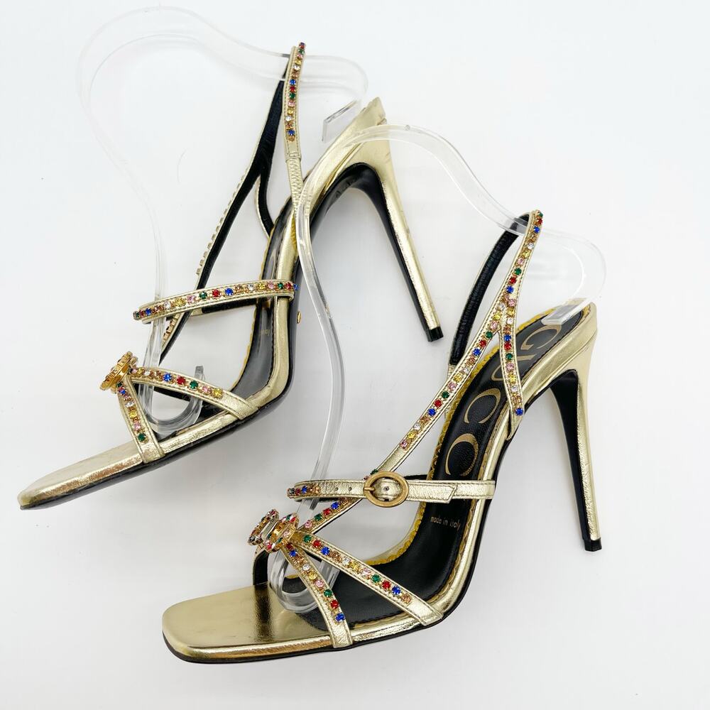 Gucci Carmen Crystal Embellished Gold Leather Bow High Heel Sandals EU 38.5 - Picture 5 of 13
